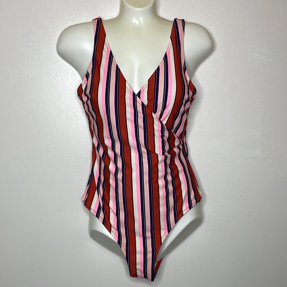 CUPSHE Swimsuit One Piece Striped Surplice Neckline High Cut Thighs Medium - Picture 1 of 16